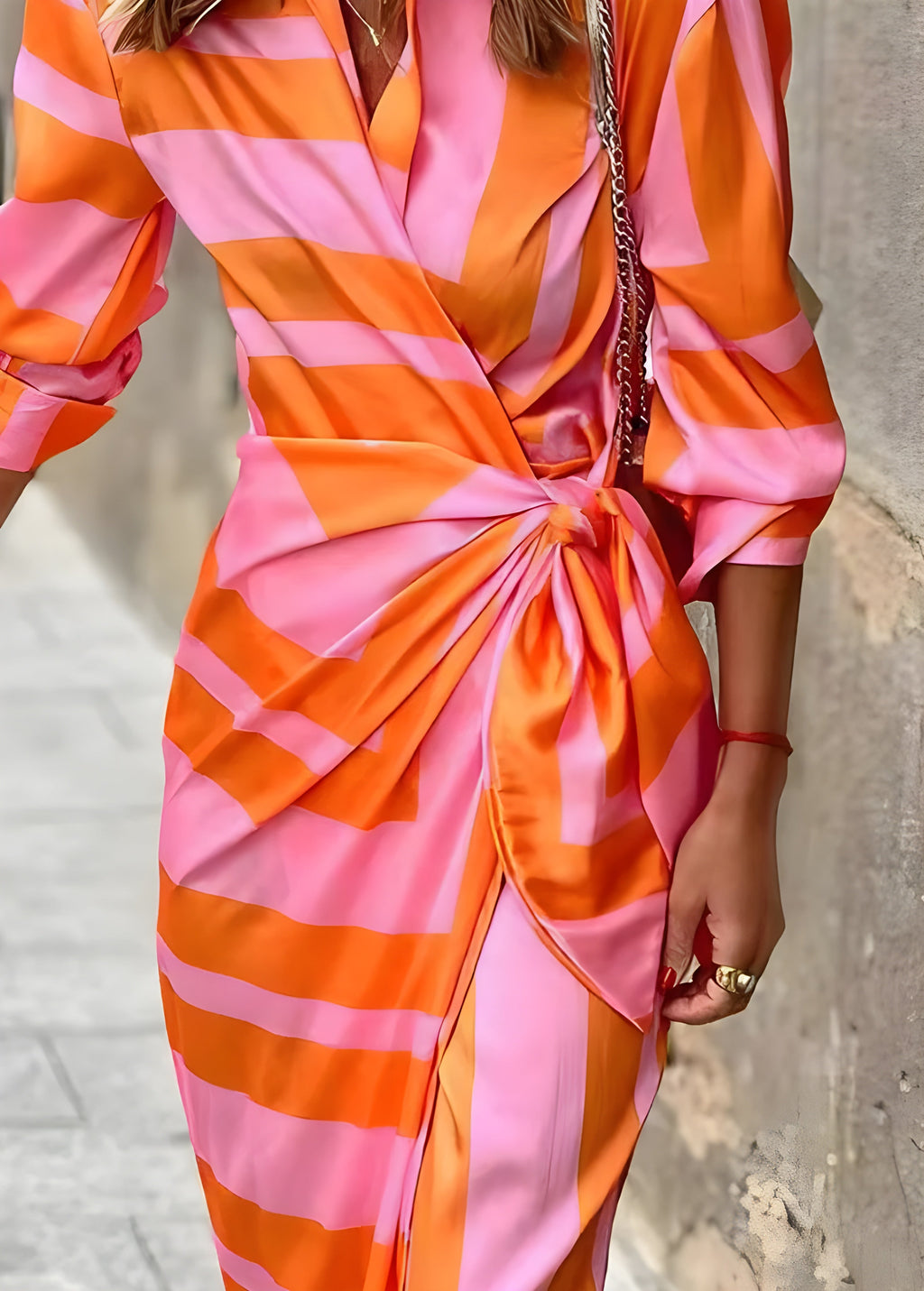 Women's Bold Stripe Wrap Maxi Dress | Elegant Collared Long Dress in Vibrant Colors