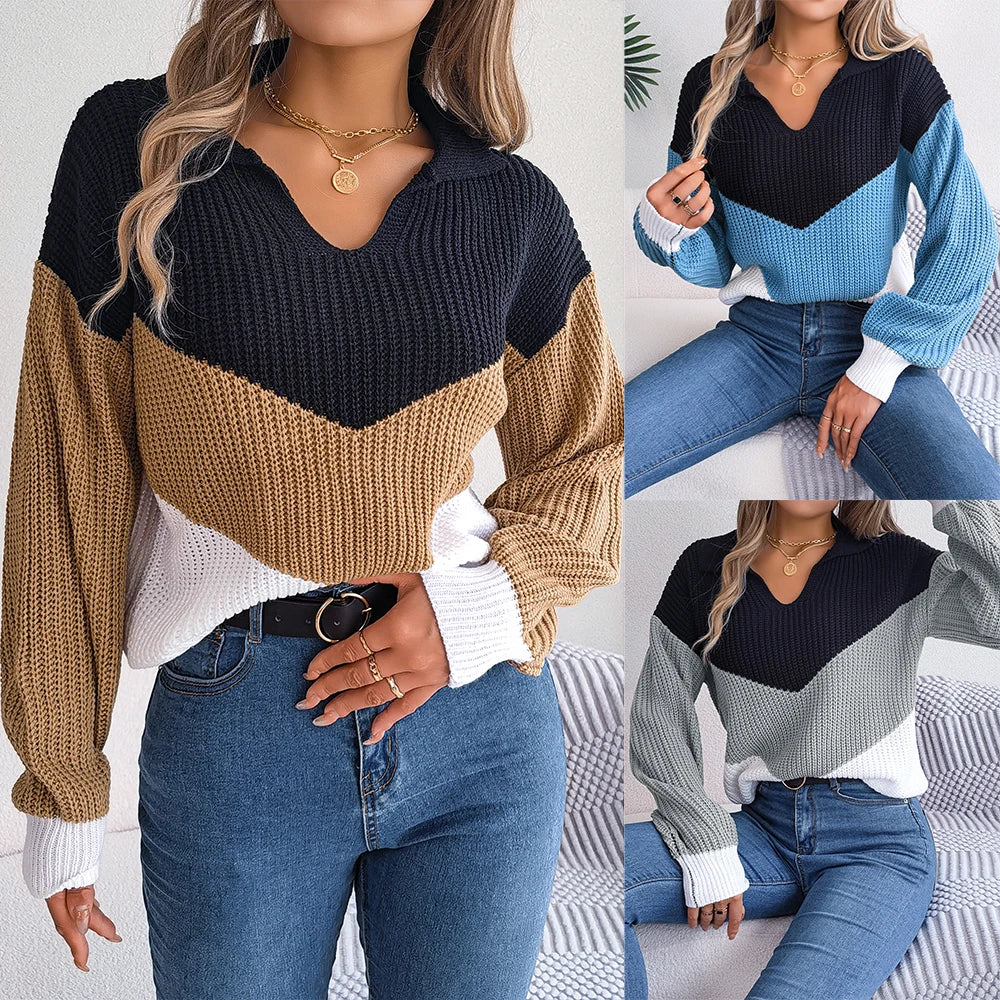 Women's Patchwork Knit Sweater | Cozy Colorful Knitwear with Unique Patchwork Design