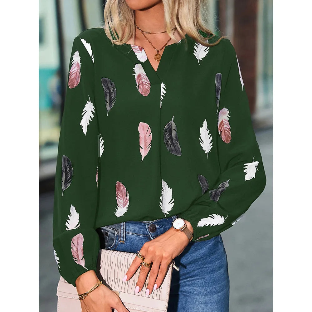 Women's Elegant Feather Print Blouse
