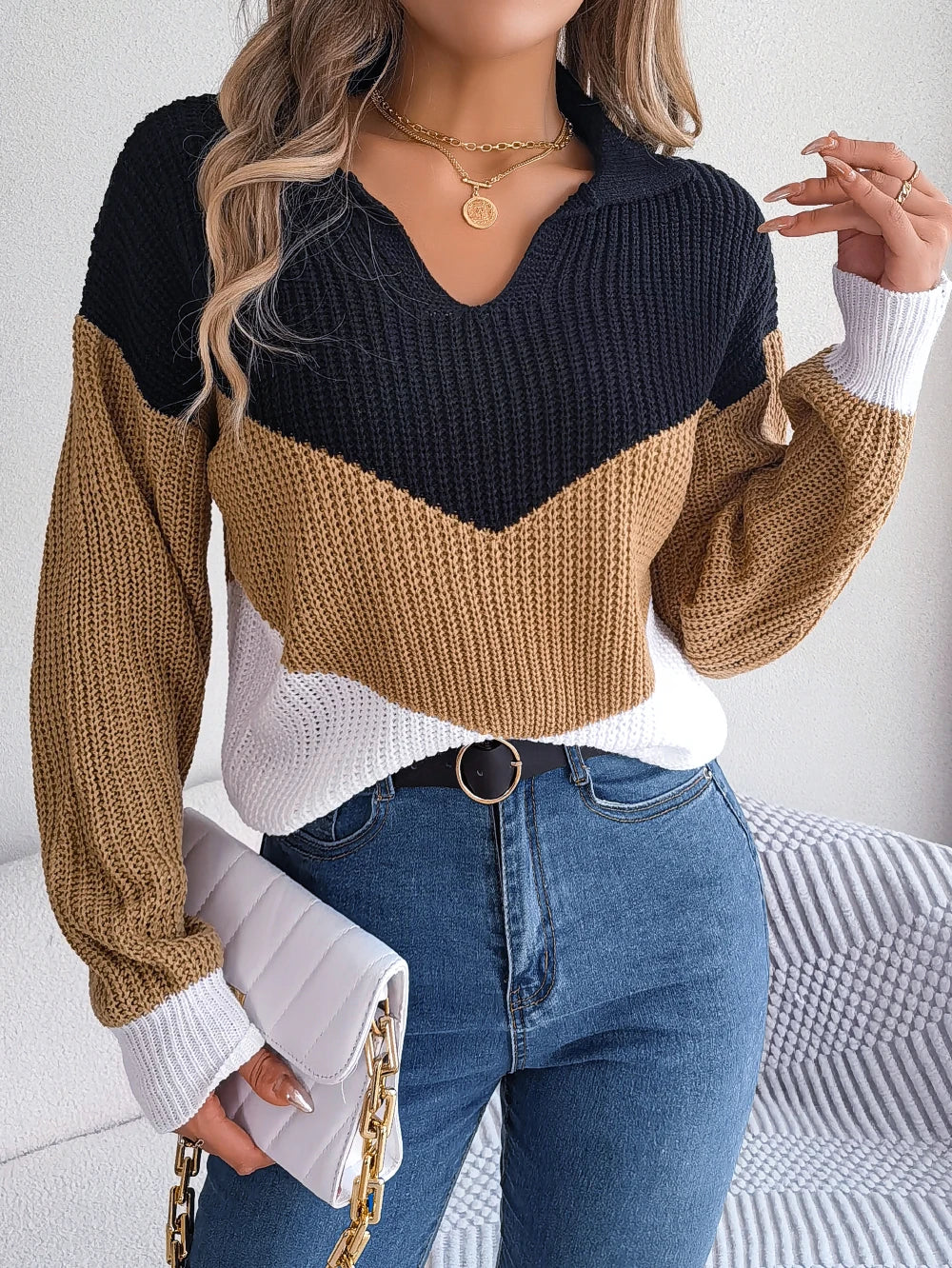Women's Patchwork Knit Sweater | Cozy Colorful Knitwear with Unique Patchwork Design