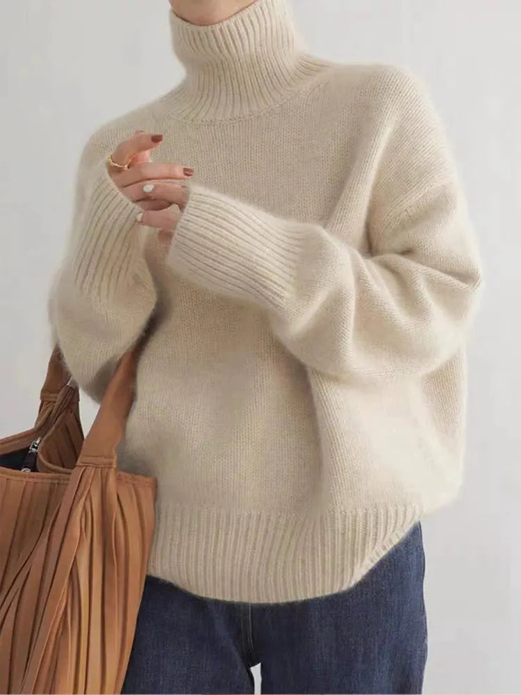 Women's Turtleneck Oversized Sweater | Ultra-Soft Fluffy Pullover for Warmth & Elegance