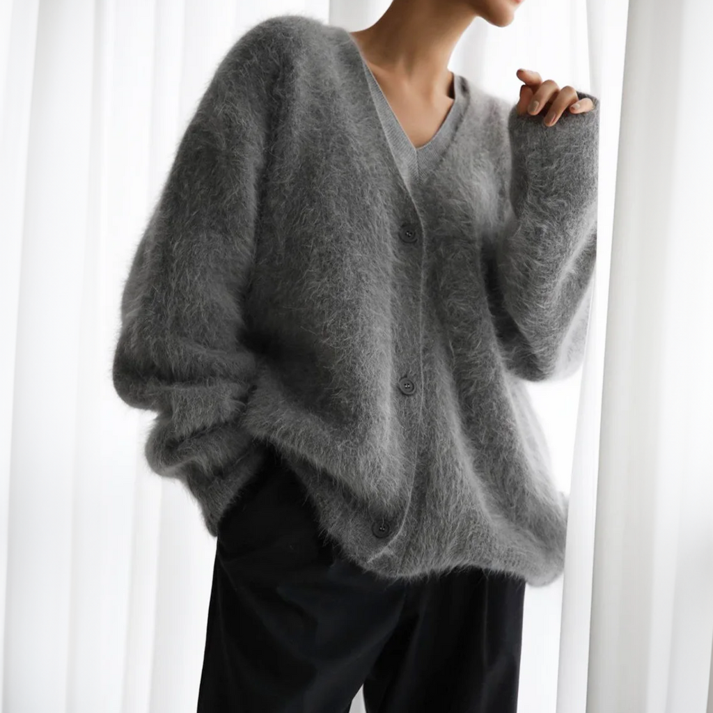 Women's Fuzzy V-Neck Cardigan | Soft Mohair-Style Open Front Sweater in Multiple Colors