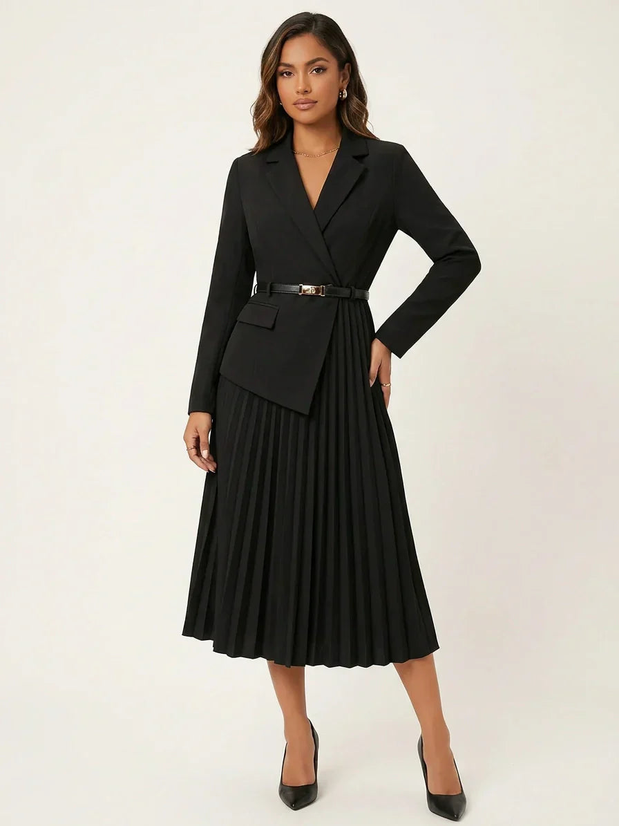 Elegant Pleated Midi Dress Women – Blazer Style Long Sleeve Dress