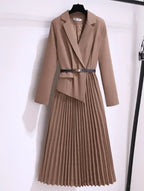 Elegant Pleated Midi Dress Women – Blazer Style Long Sleeve Dress