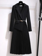Elegant Pleated Midi Dress Women – Blazer Style Long Sleeve Dress
