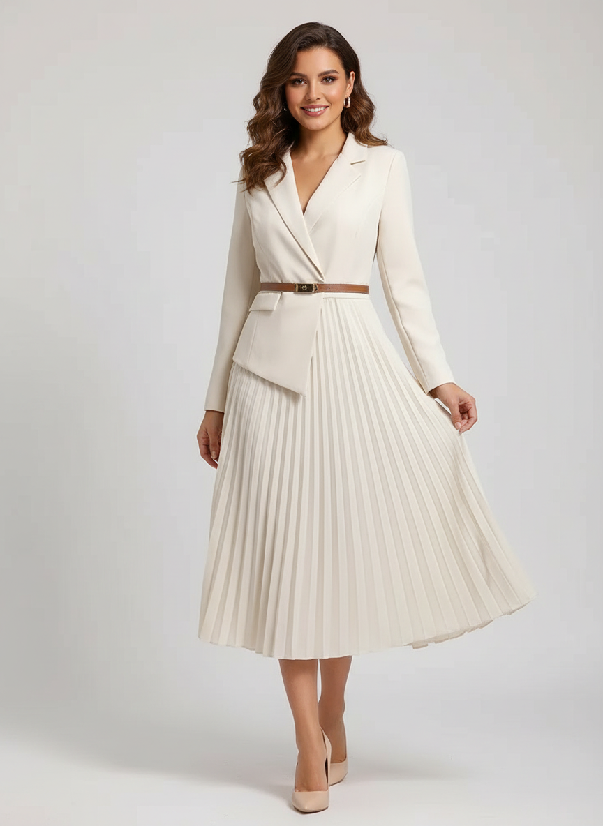 Elegant Pleated Midi Dress Women – Blazer Style Long Sleeve Dress