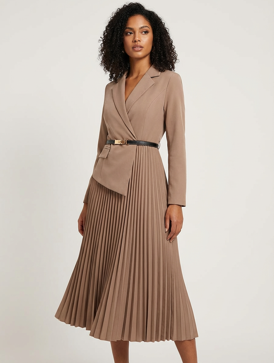 Elegant Pleated Midi Dress Women Blazer Style Long Sleeve Dress Maison Lunescimento Elegant Pleated Midi Dress Women Blazer Style Long Sleeve Dress Maison Lunescimento