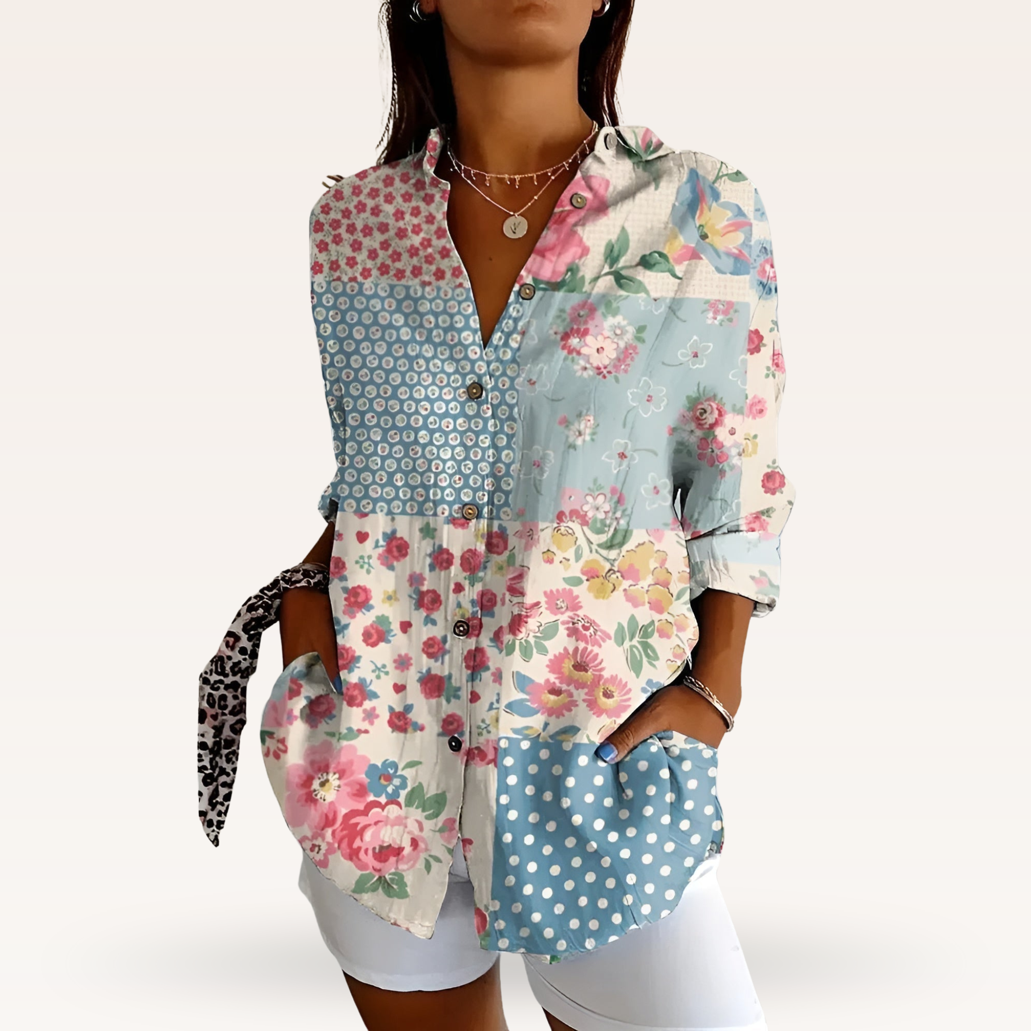 Women's Feminine Blouse with Floral Buttons