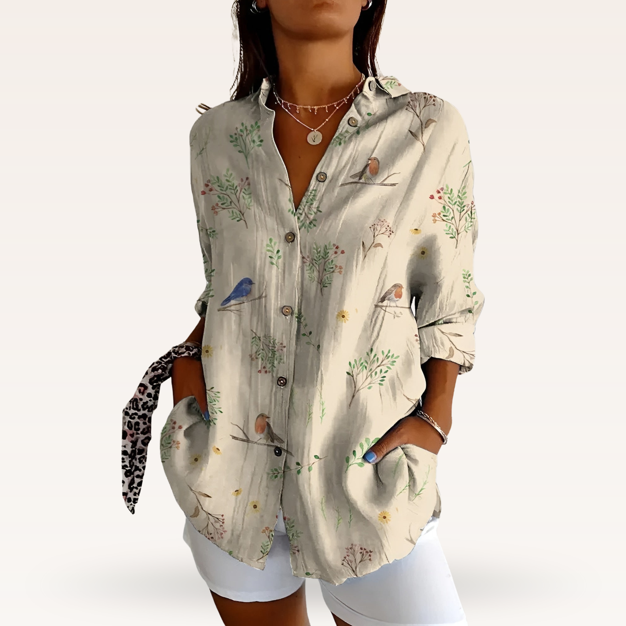 Women's Feminine Blouse with Floral Buttons