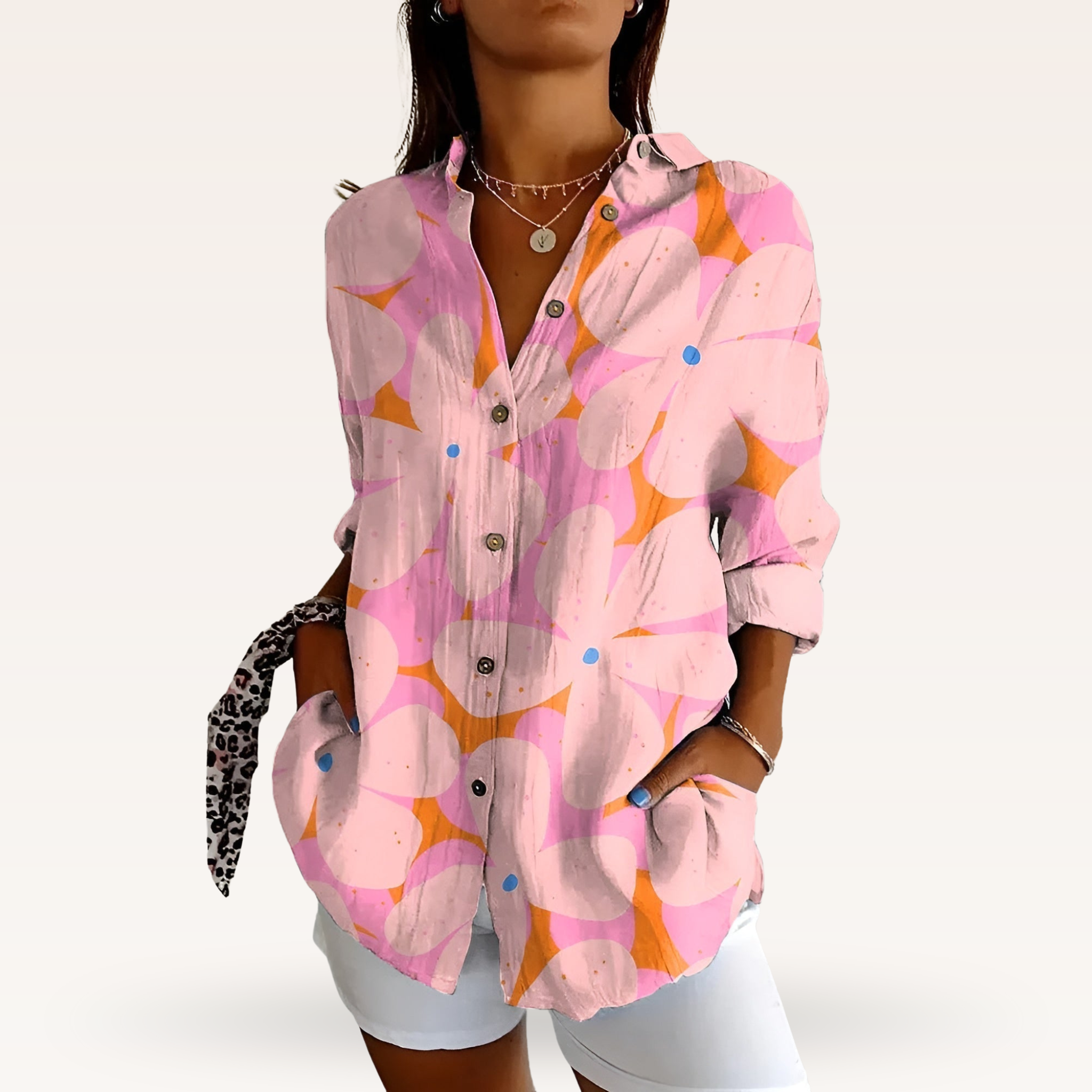 Women's Feminine Blouse with Floral Buttons