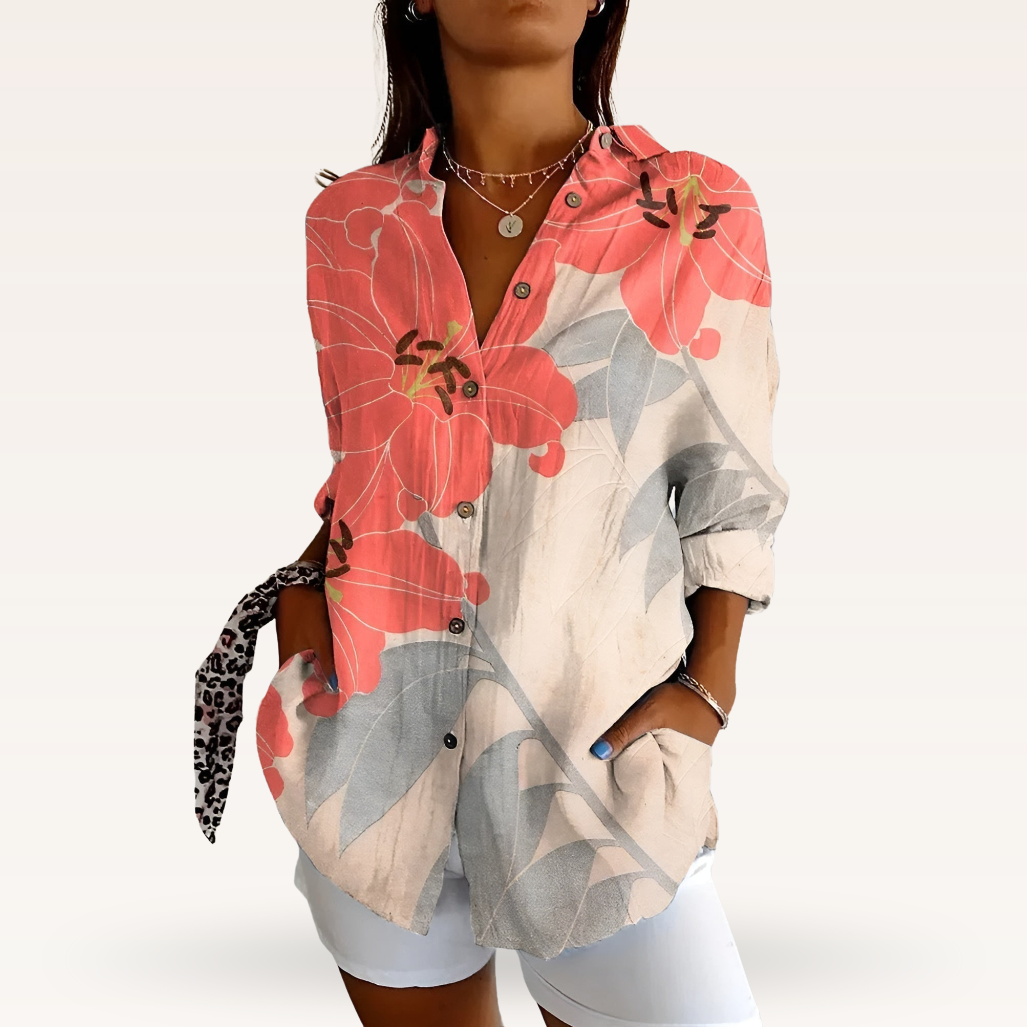Women's Feminine Blouse with Floral Buttons