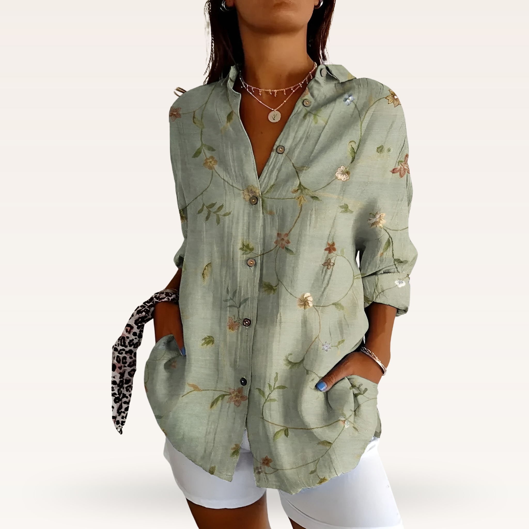 Women's Feminine Blouse with Floral Buttons