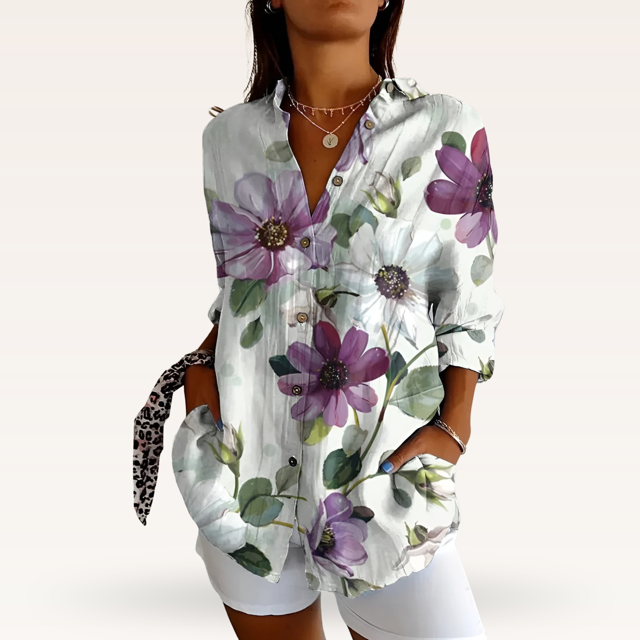 Women's Feminine Blouse with Floral Buttons