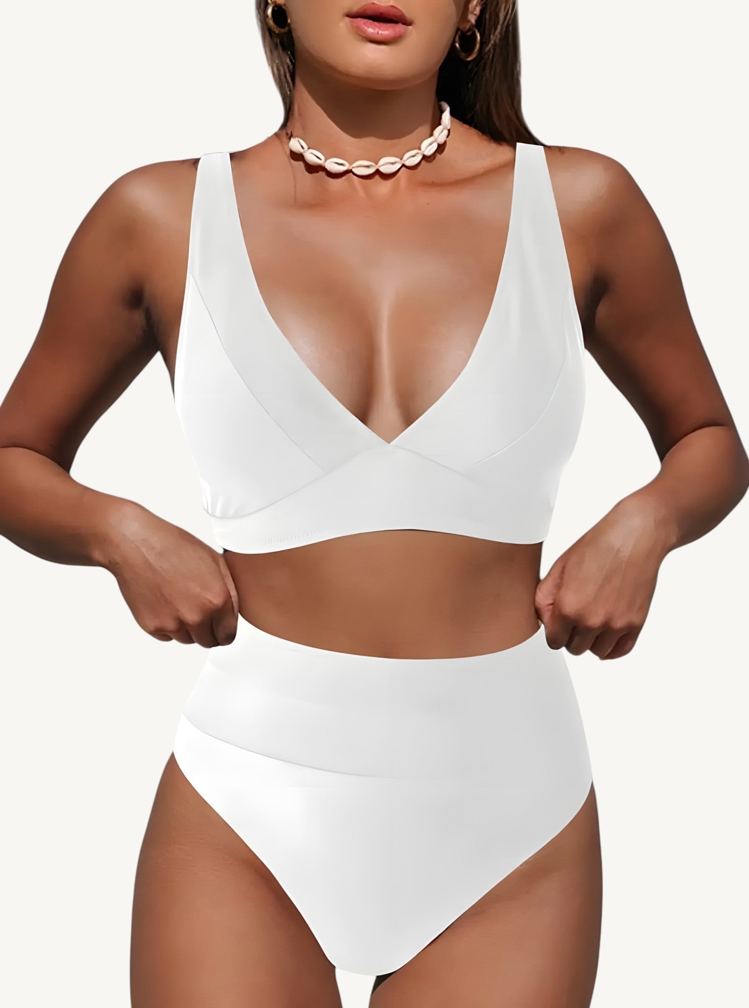Women's High-Waist Bikini Set with V-Neck