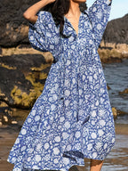Women's Floral V-Neck Midi Dress | Feminine Colorblock Two-Tone Dress