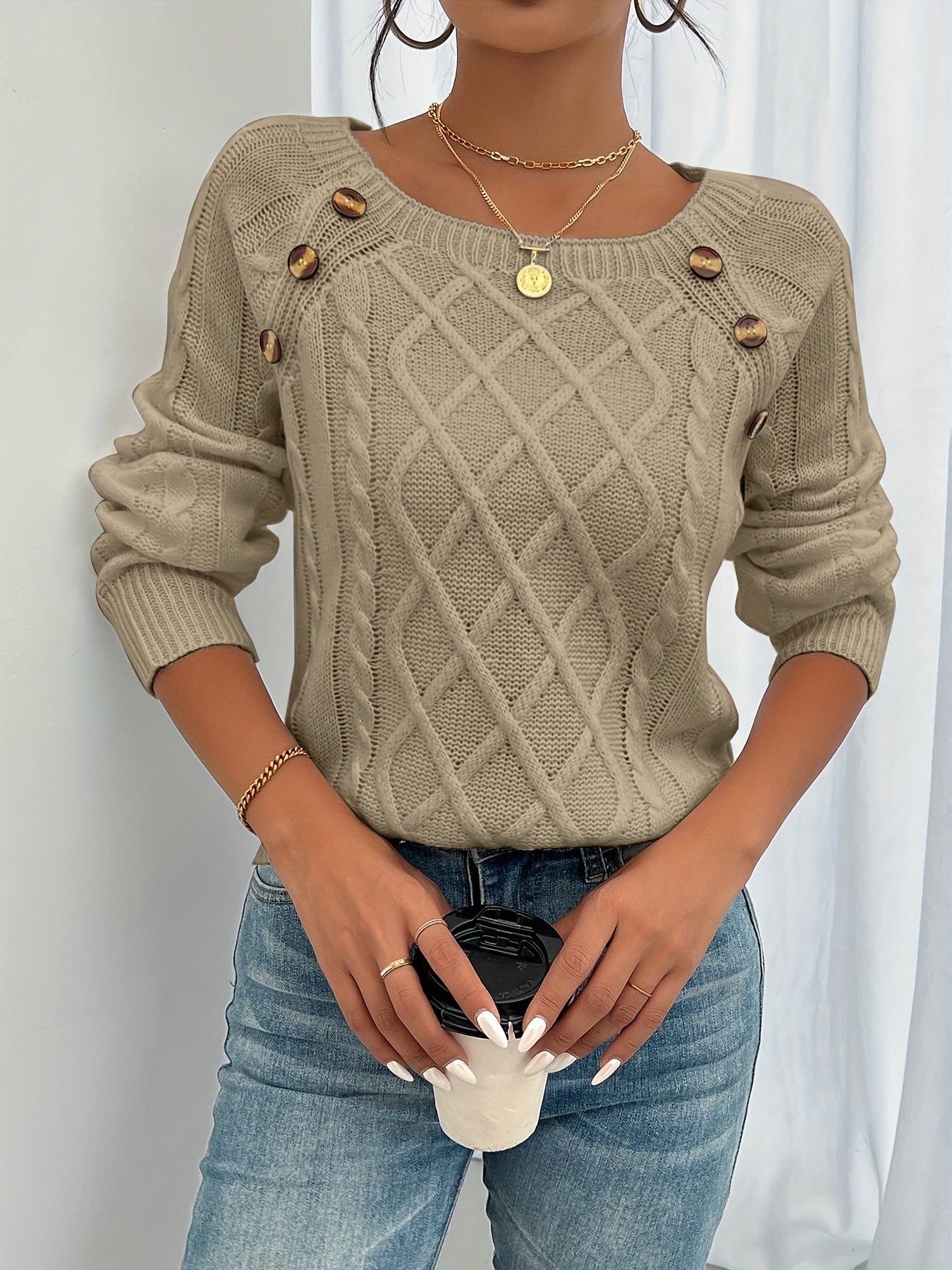 Women's Cable Knit Sweater with Button Shoulder Detail | Classic Scoop Neck Pullover