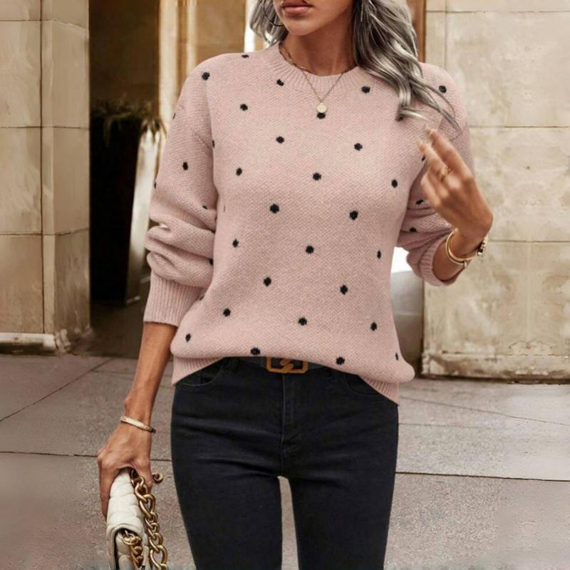 Women's Polka Dot Knit Sweater | Cozy Crew Neck Pullover in Multiple Colors