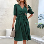 Women's Elegant Pleated Dress with V-Neck