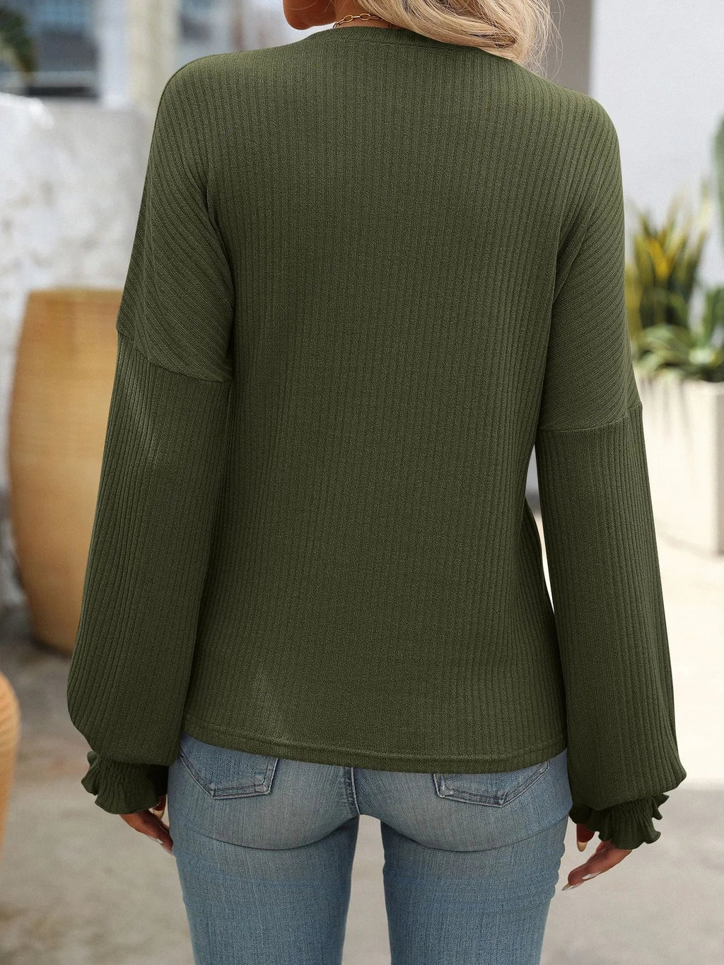 Women's Ribbed Knit Pullover Sweater | Soft Long Sleeve Top with Ruffle Cuffs