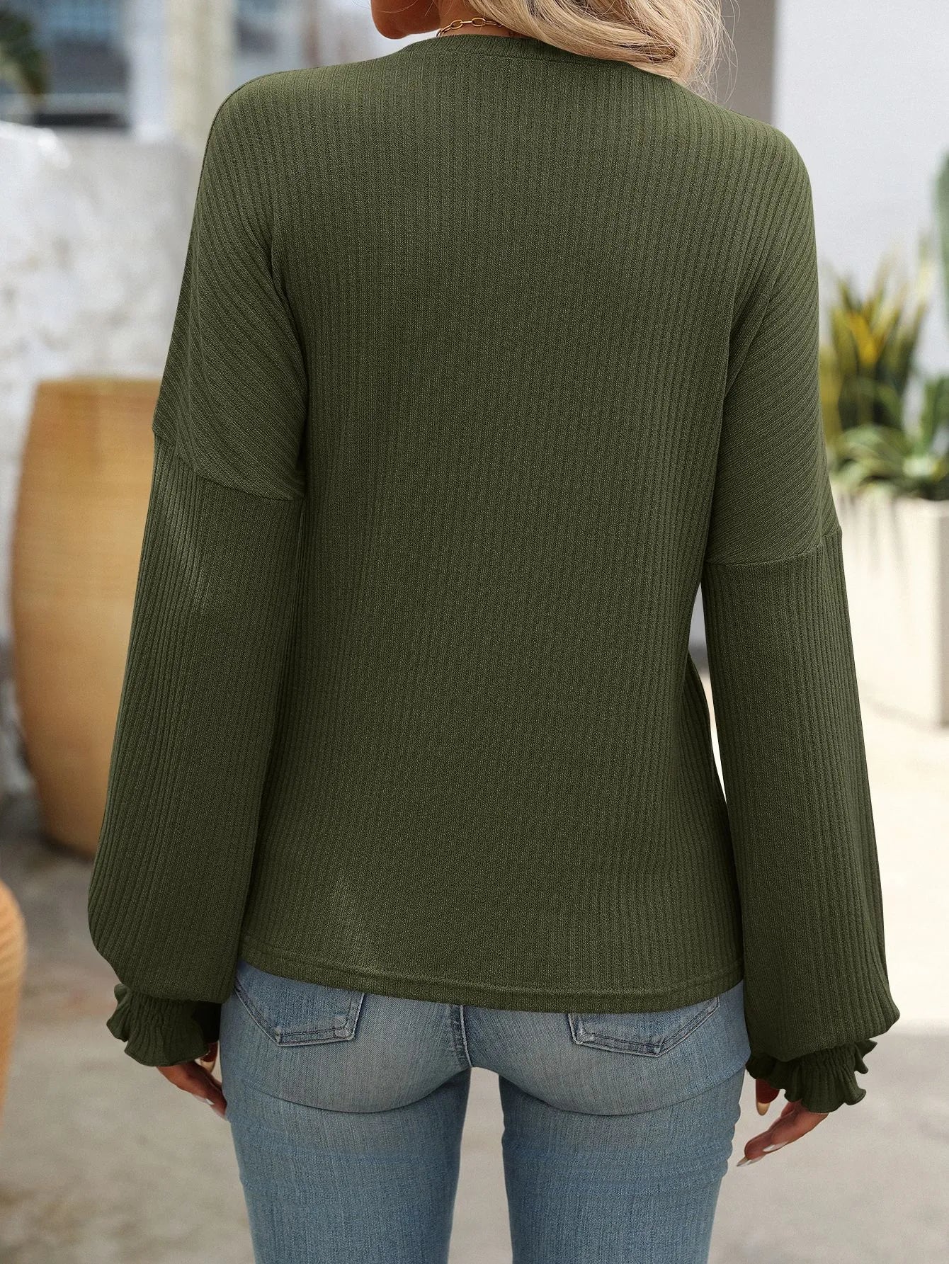Women's Ribbed Knit Pullover Sweater | Soft Long Sleeve Top with Ruffle Cuffs