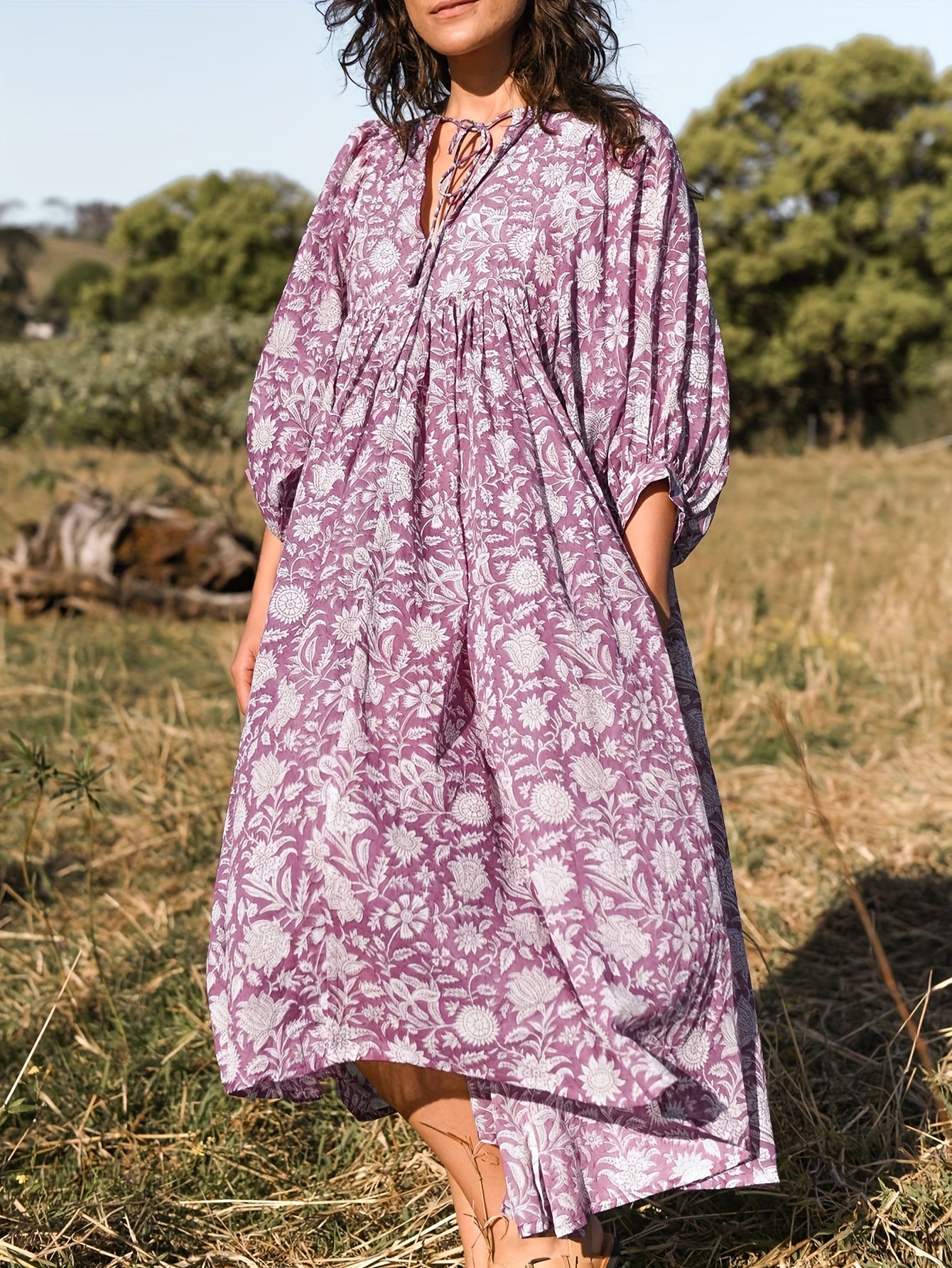 Women's Floral V-Neck Midi Dress | Feminine Colorblock Two-Tone Dress