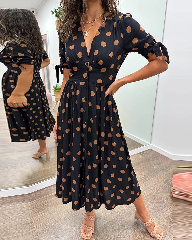 Women's V-Neck Midi Dress with Timeless Polka Dot Pattern