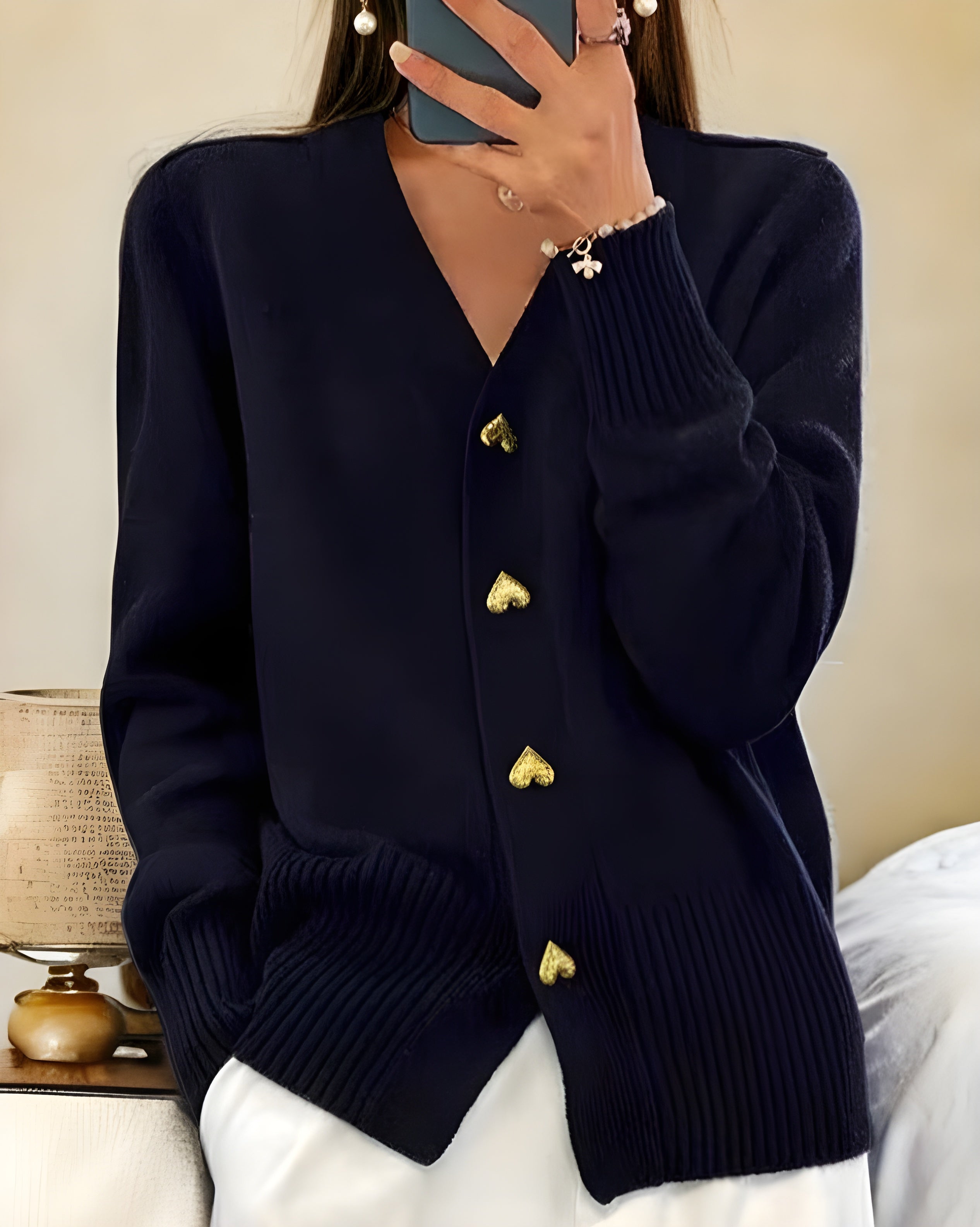 Women's Heart Button Cardigan | Elegant Feminine Knit Cardigan with Decorative Buttons