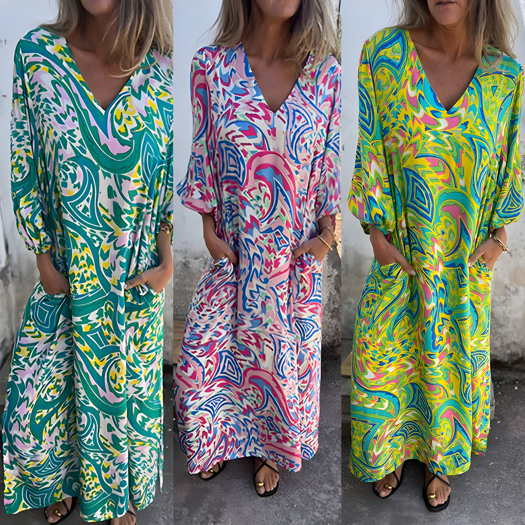 Women's Stylish Maxi Dress with V-Neck & Hidden Pockets