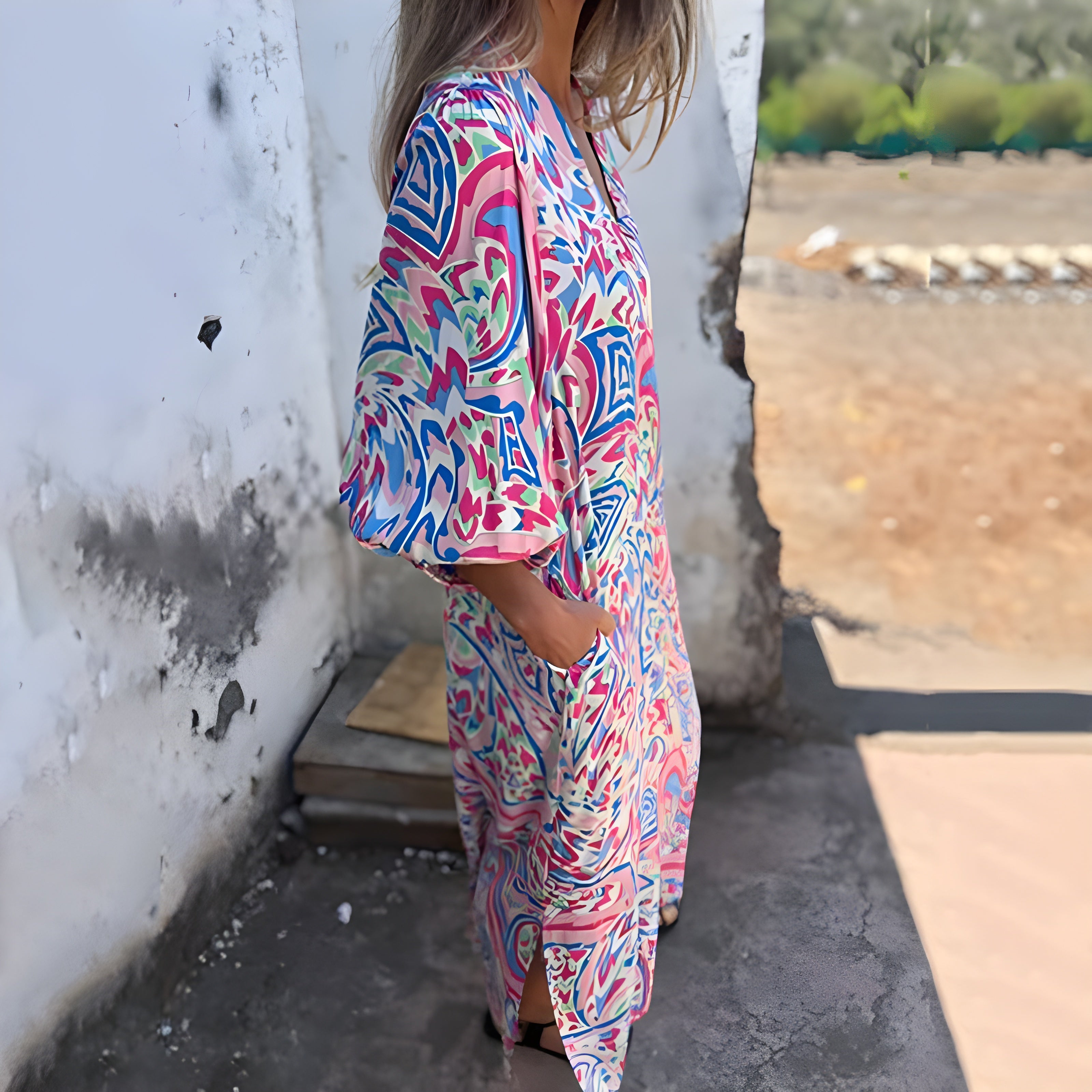 Women's Stylish Maxi Dress with V-Neck & Hidden Pockets