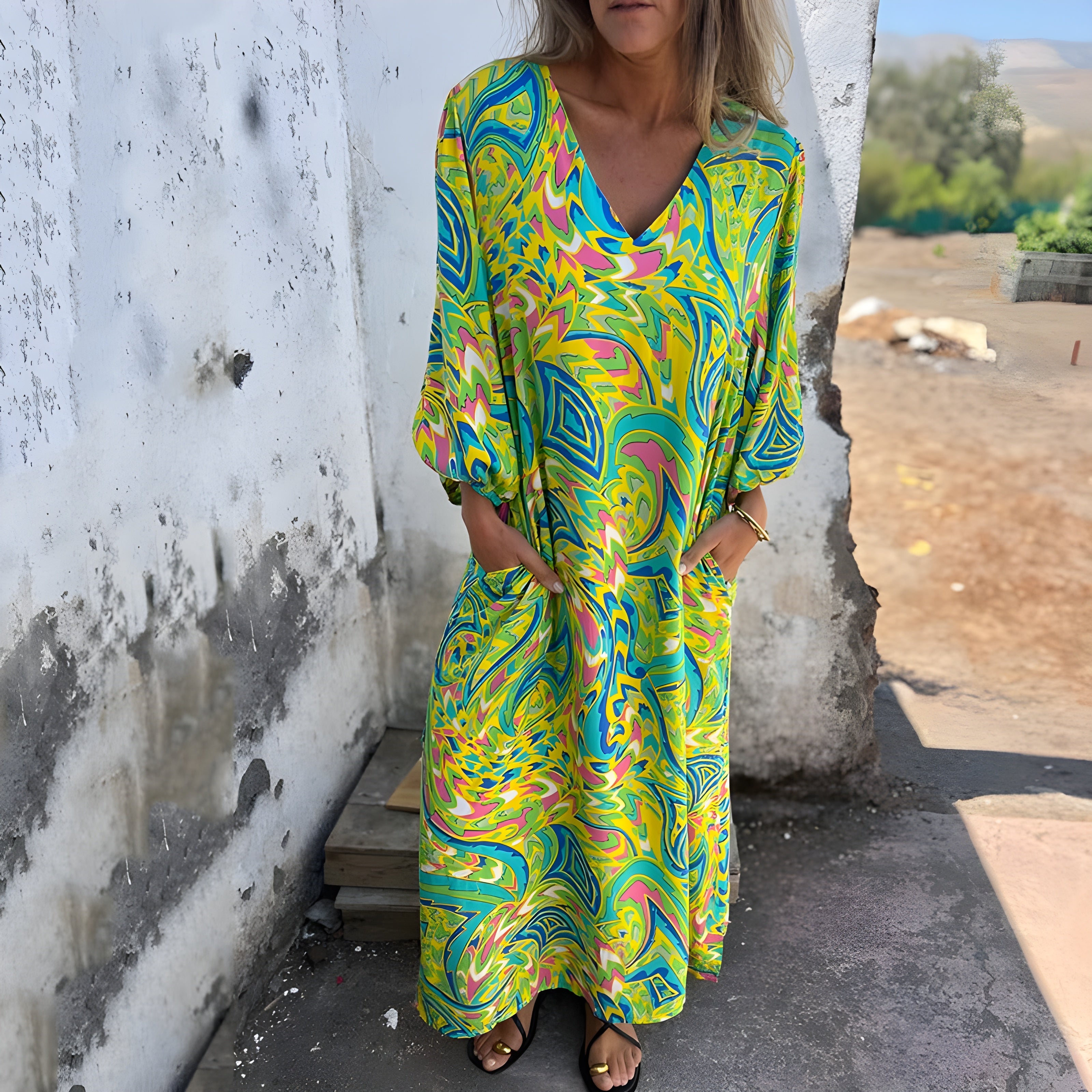 Women's Stylish Maxi Dress with V-Neck & Hidden Pockets