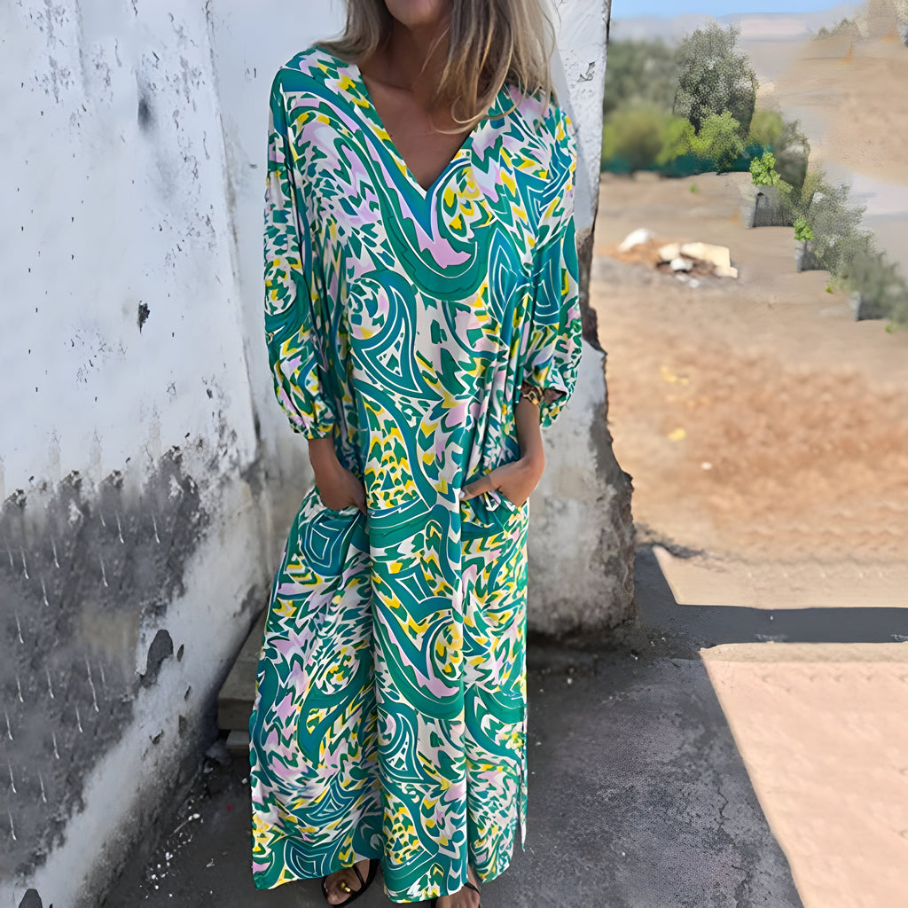 Women's Stylish Maxi Dress with V-Neck & Hidden Pockets