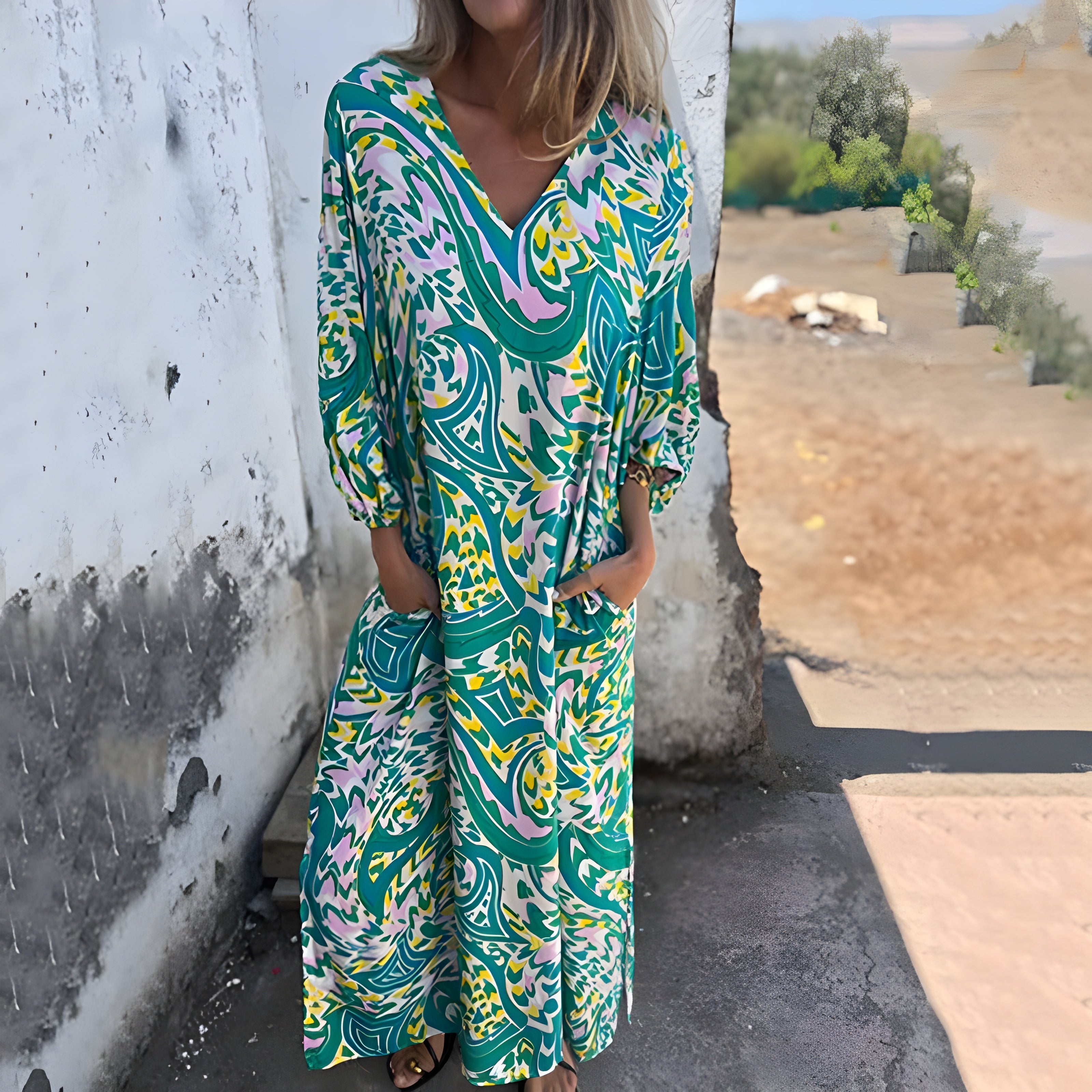 Women's Stylish Maxi Dress with V-Neck & Hidden Pockets
