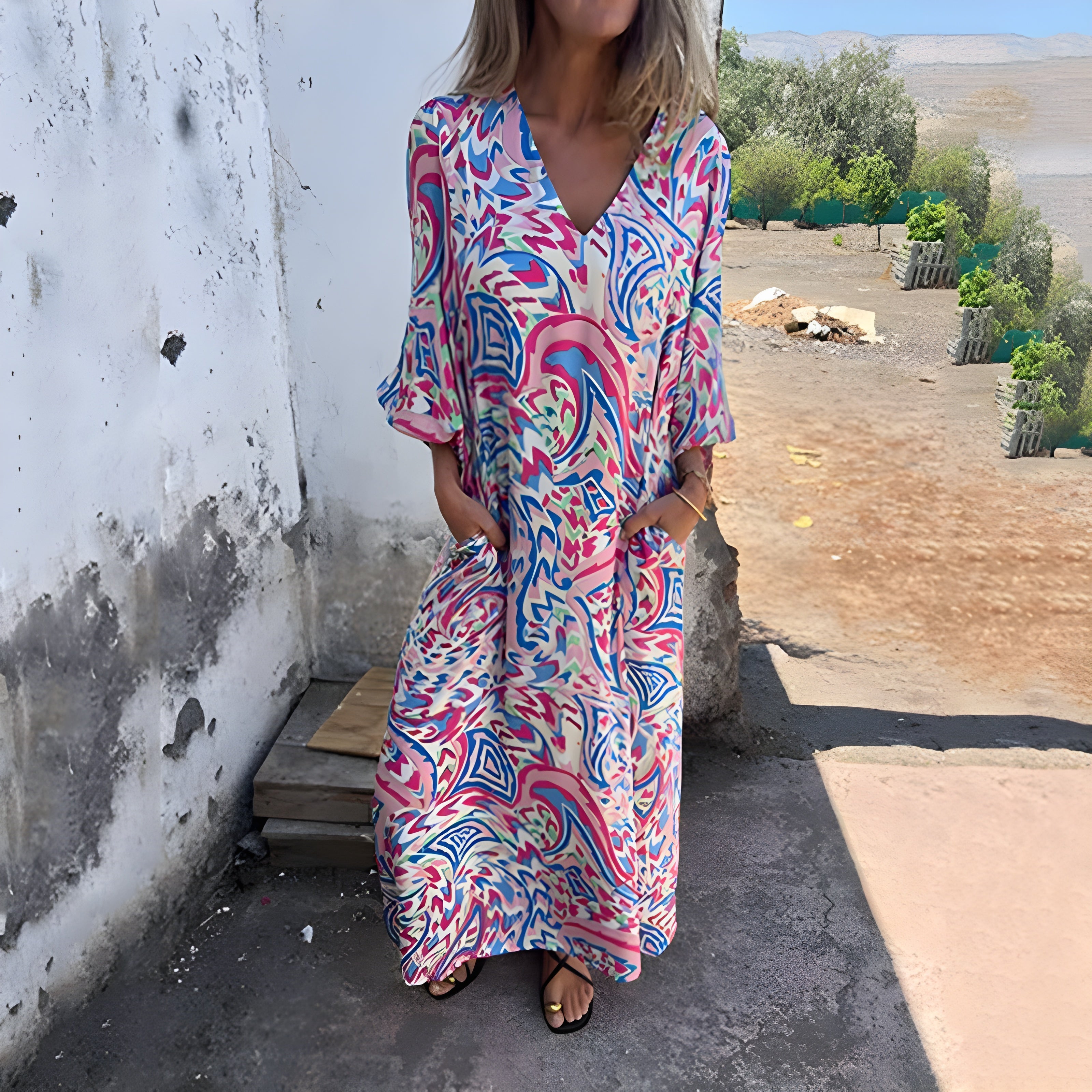 Women's Stylish Maxi Dress with V-Neck & Hidden Pockets