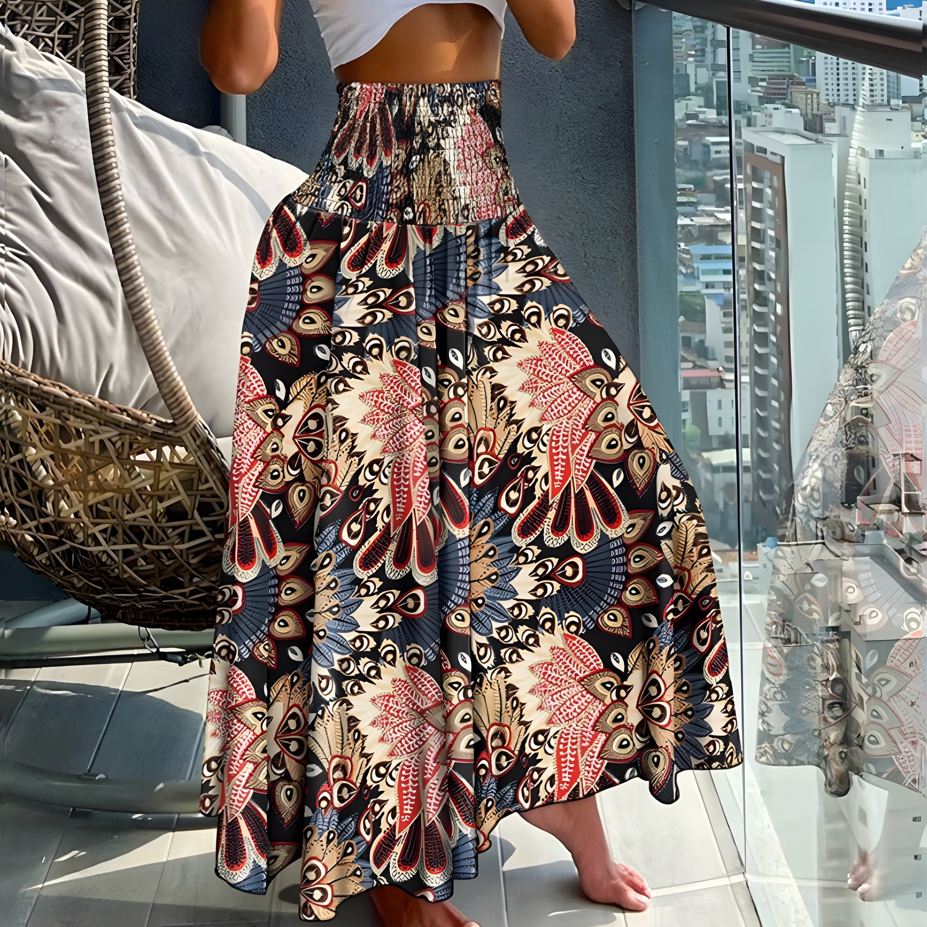 Women's Boho Paisley Print Maxi Skirt | High Waist Smocked Flowy Skirt