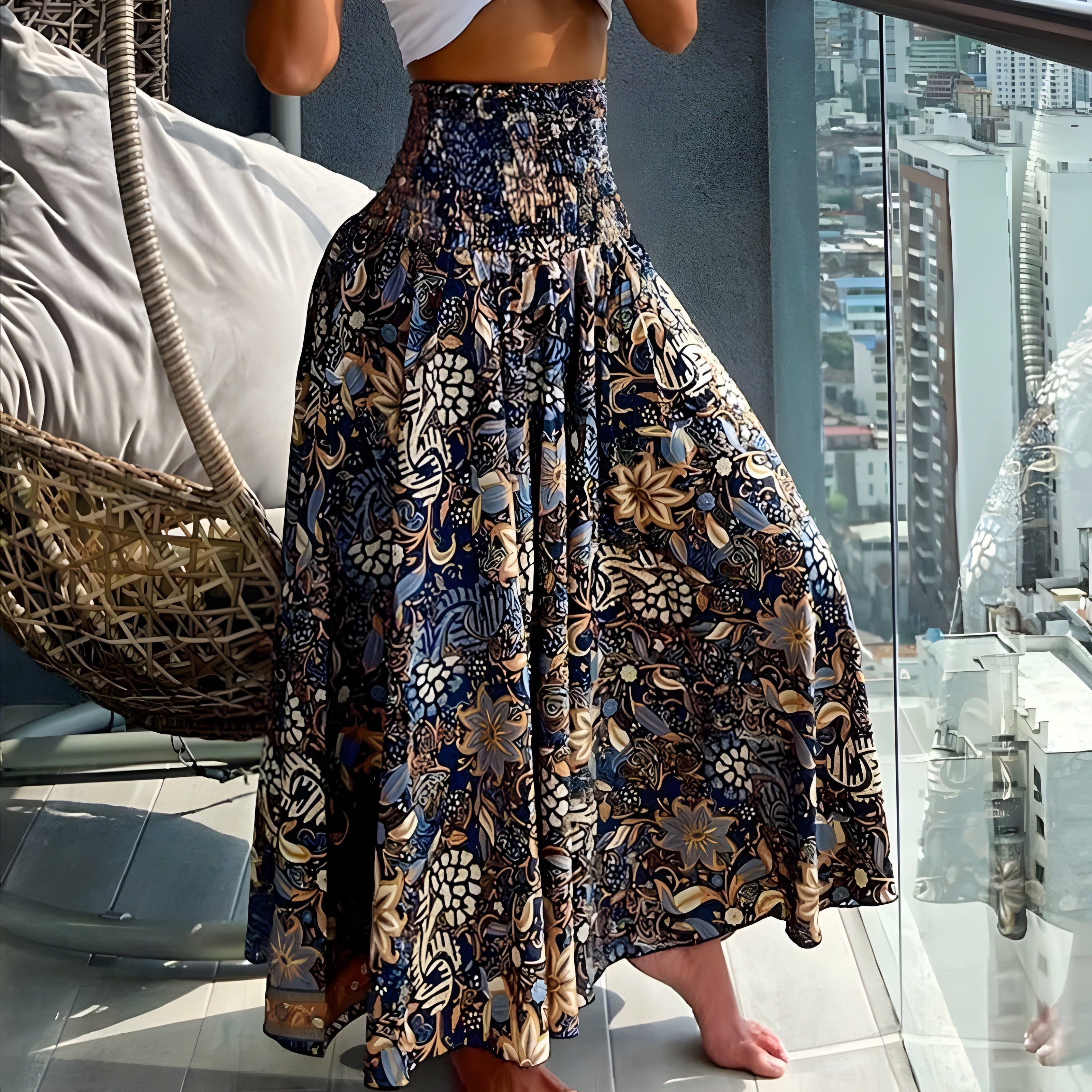 Women's Boho Paisley Print Maxi Skirt | High Waist Smocked Flowy Skirt