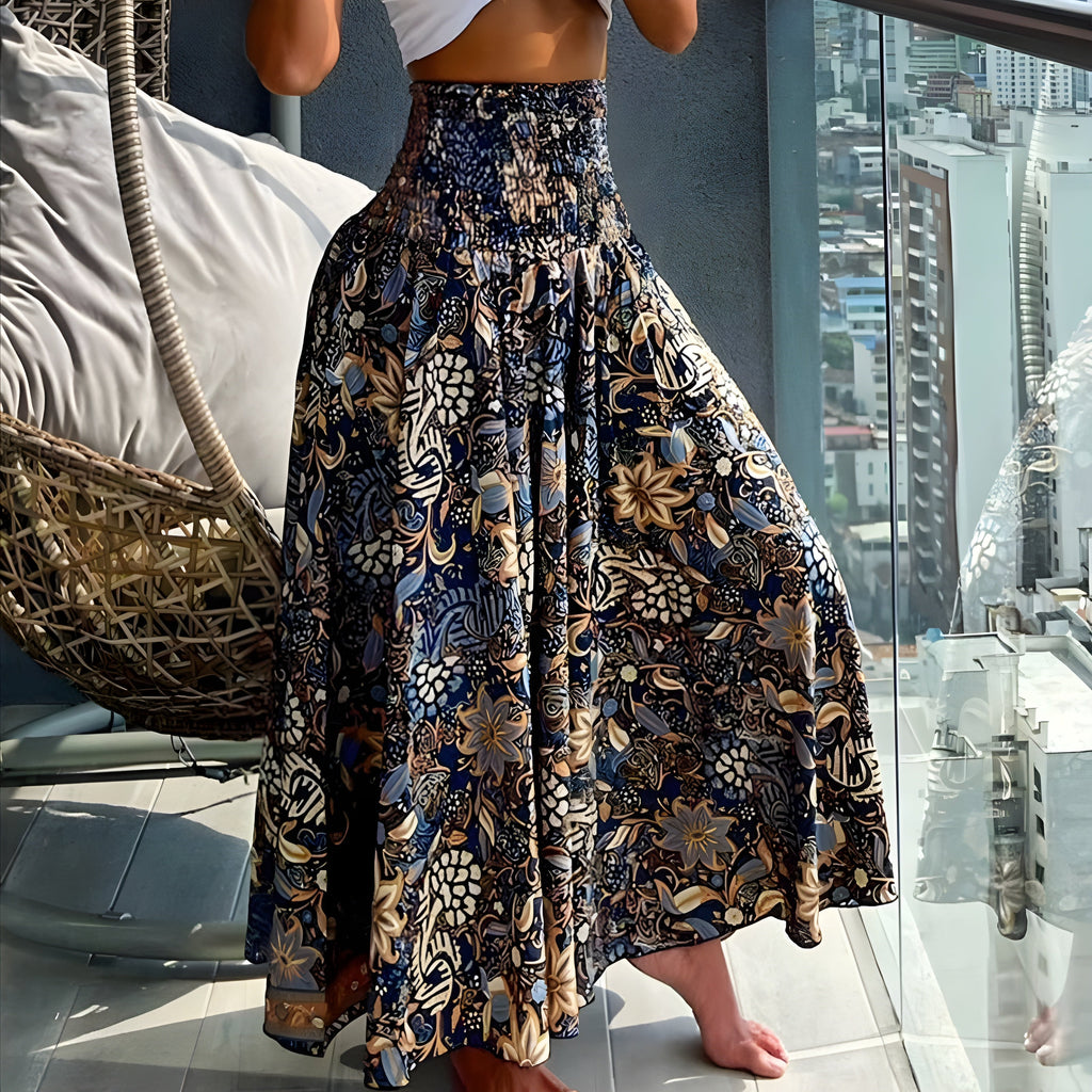 Women's Boho Paisley Print Maxi Skirt | High Waist Smocked Flowy Skirt
