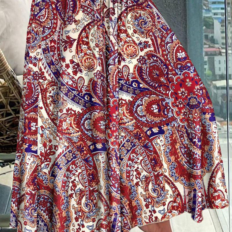 Women's Boho Paisley Print Maxi Skirt | High Waist Smocked Flowy Skirt