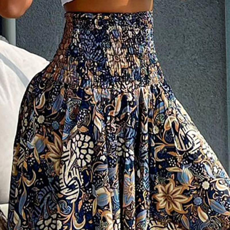 Women's Boho Paisley Print Maxi Skirt | High Waist Smocked Flowy Skirt