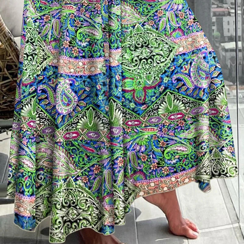 Women's Boho Paisley Print Maxi Skirt | High Waist Smocked Flowy Skirt