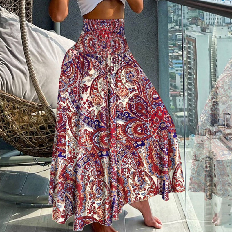Women's Boho Paisley Print Maxi Skirt | High Waist Smocked Flowy Skirt