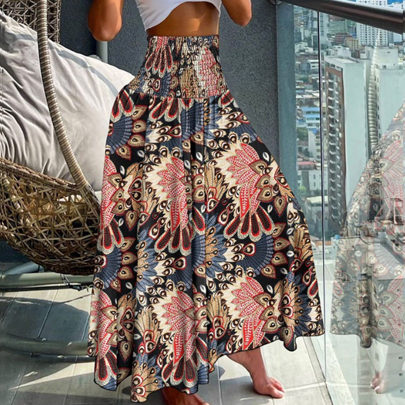 Women's Boho Paisley Print Maxi Skirt | High Waist Smocked Flowy Skirt