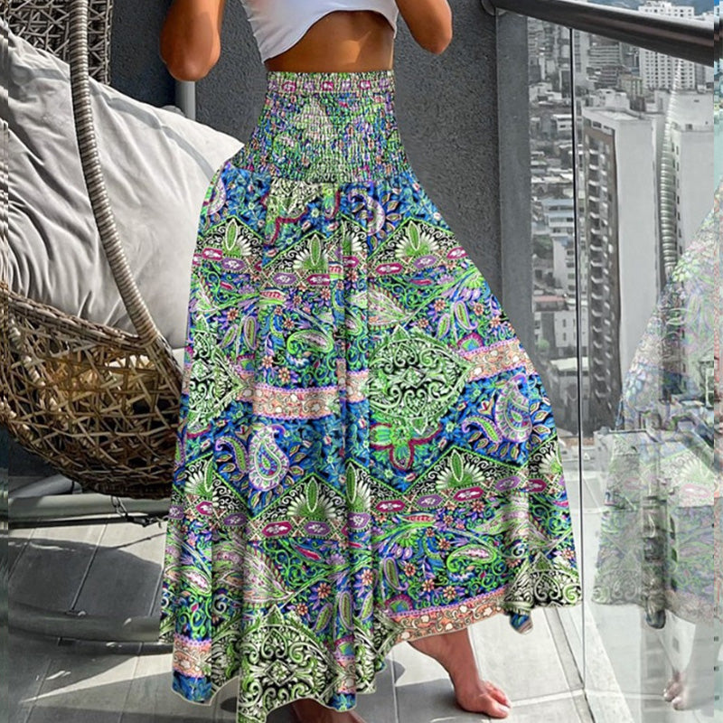 Women's Boho Paisley Print Maxi Skirt | High Waist Smocked Flowy Skirt