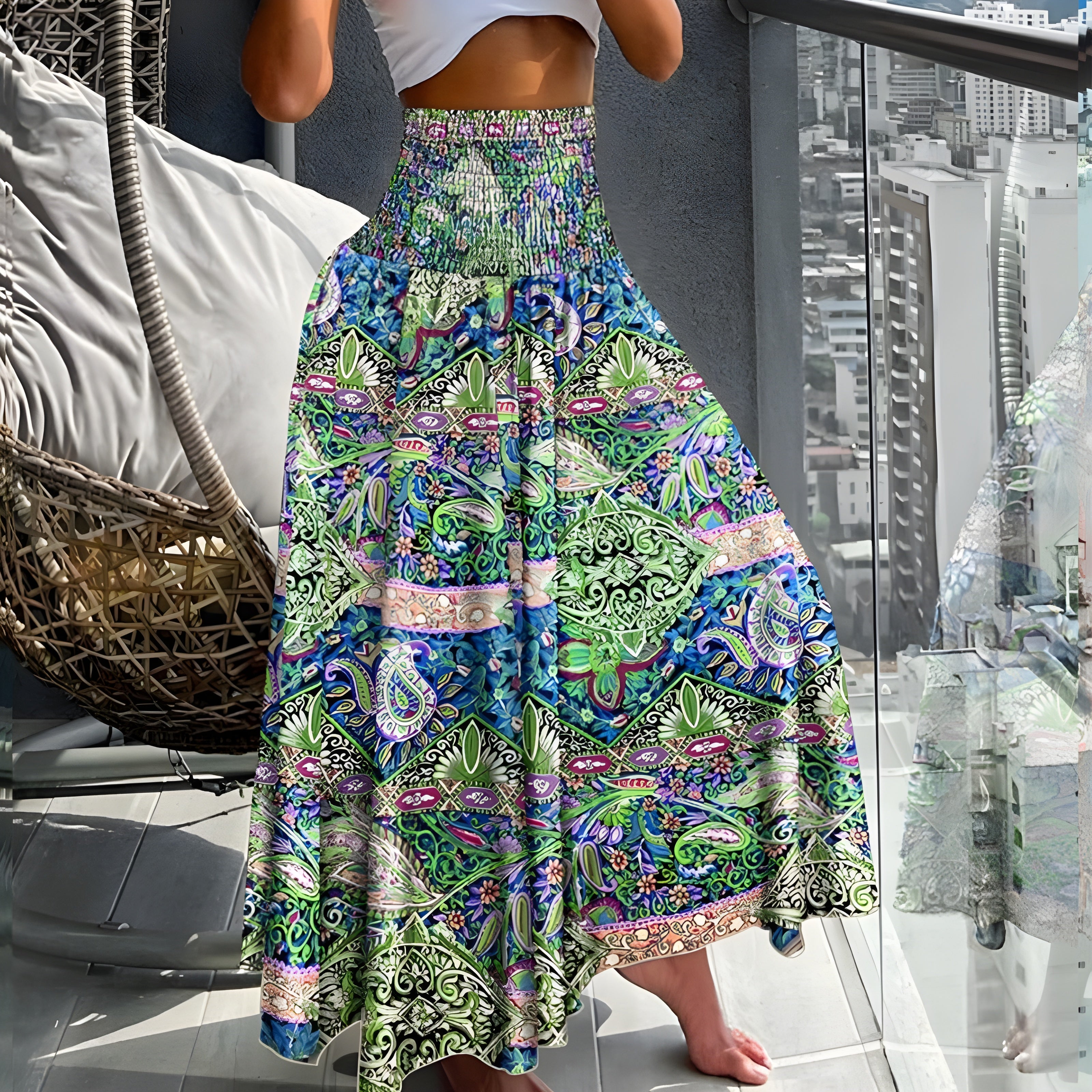 Women's Boho Paisley Print Maxi Skirt | High Waist Smocked Flowy Skirt