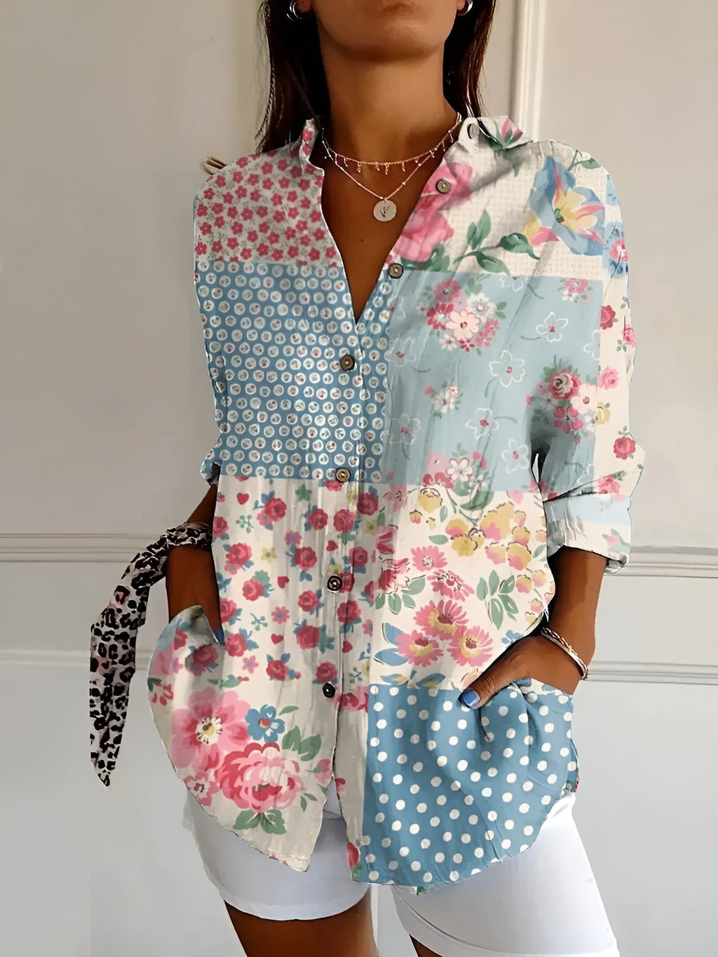Women's Feminine Blouse with Floral Buttons