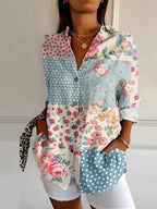 Women's Feminine Blouse with Floral Buttons