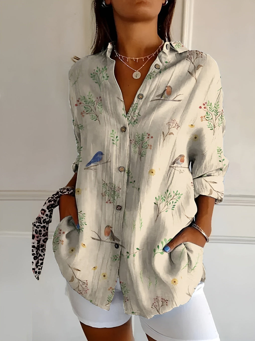 Women's Feminine Blouse with Floral Buttons