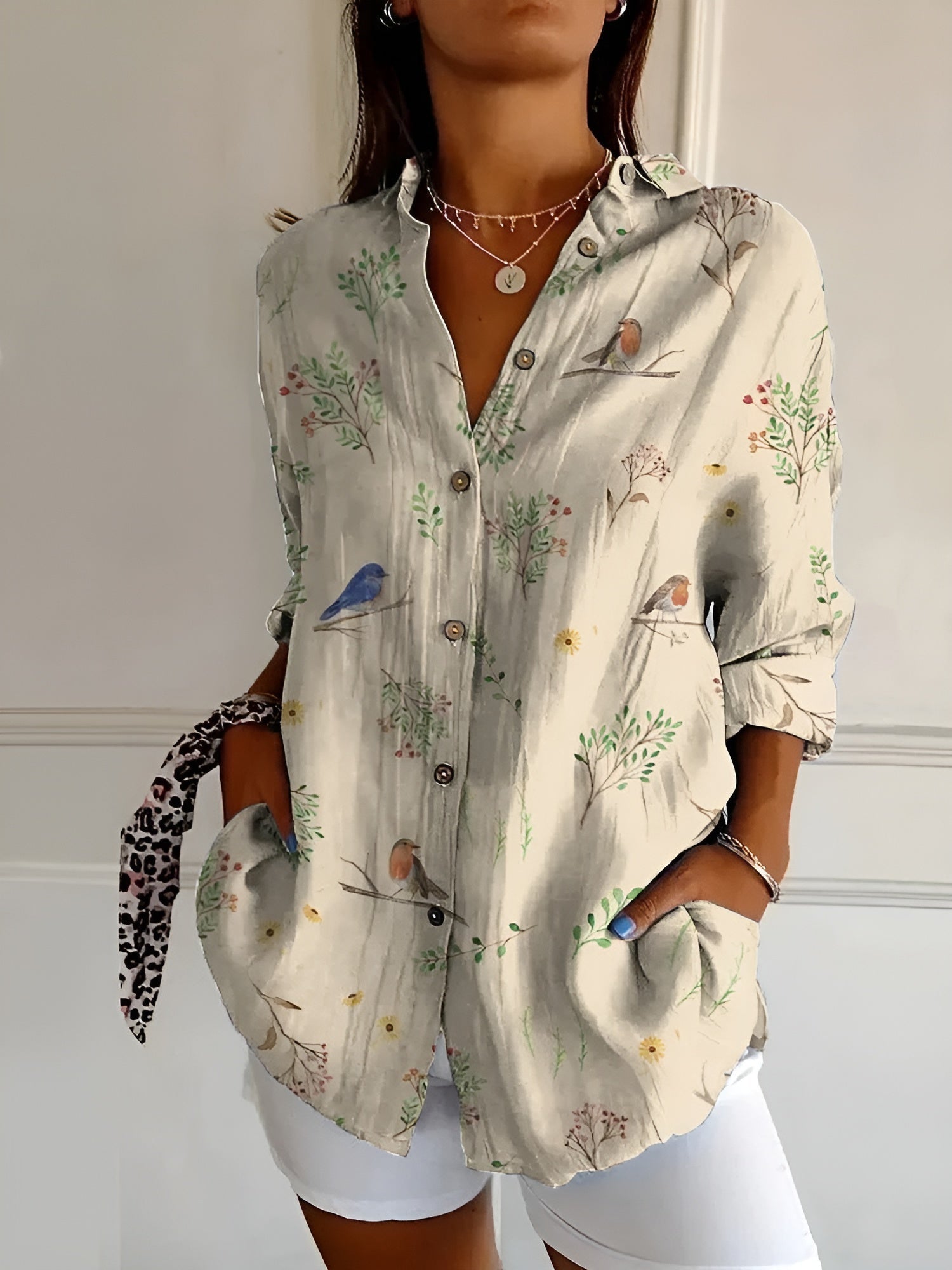 Women's Feminine Blouse with Floral Buttons