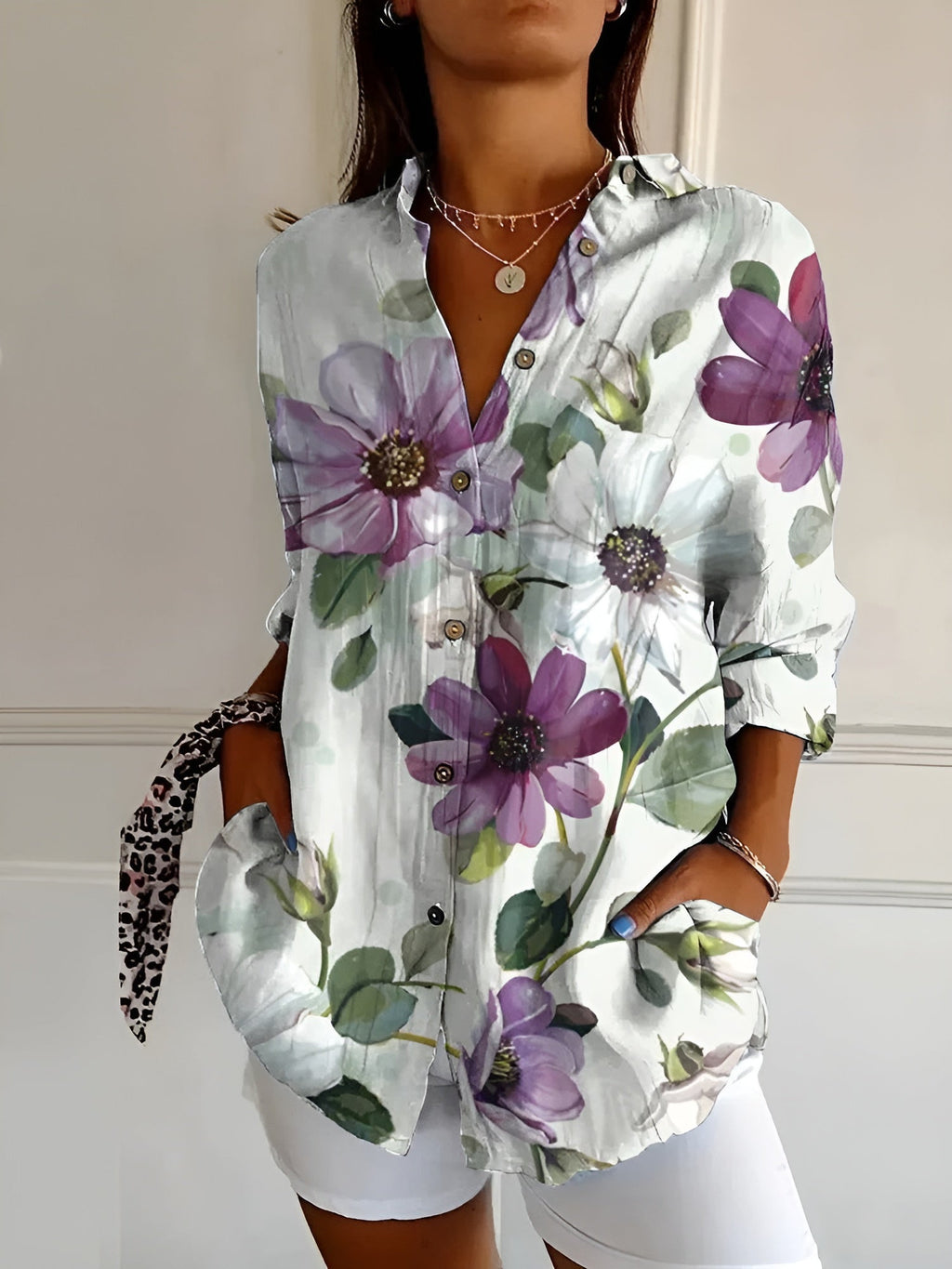 Women's Feminine Blouse with Floral Buttons