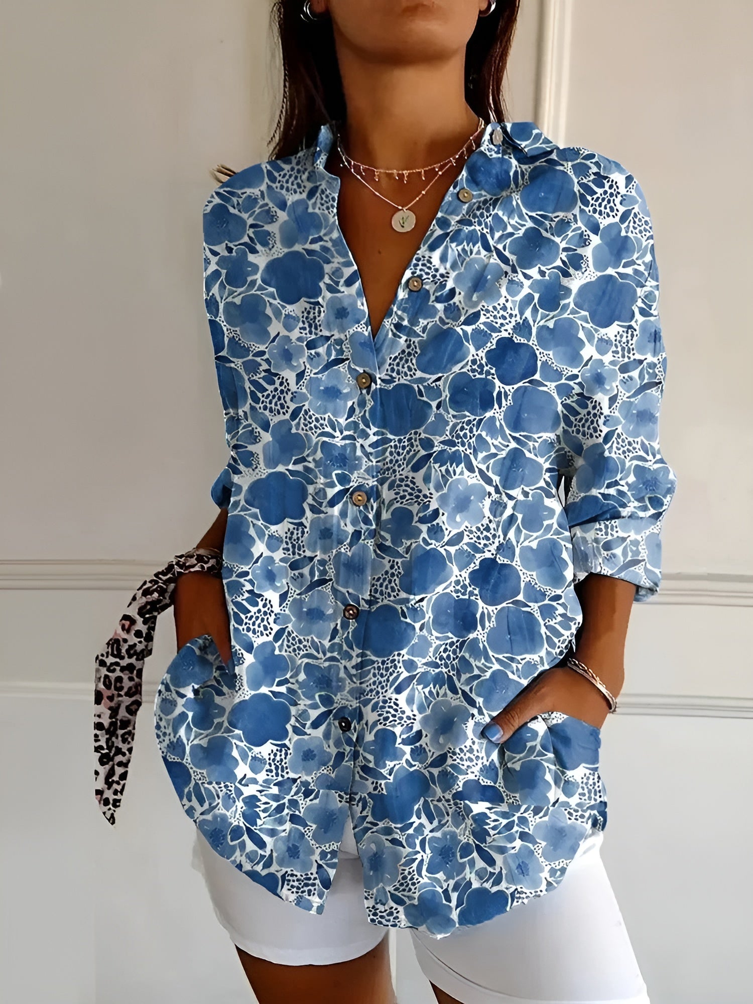Women's Feminine Blouse with Floral Buttons
