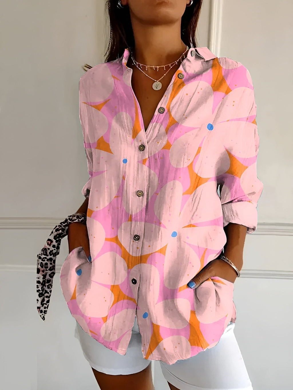 Women's Feminine Blouse with Floral Buttons